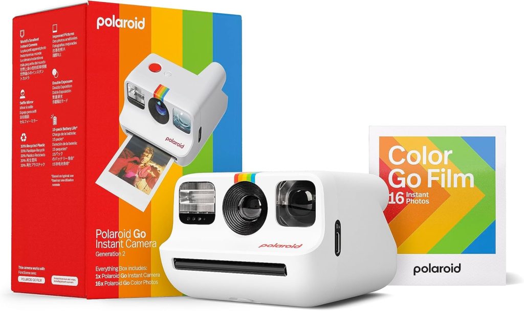 Polaroid Go instant camera with its packaging, showcasing the white camera and colorful film box.
