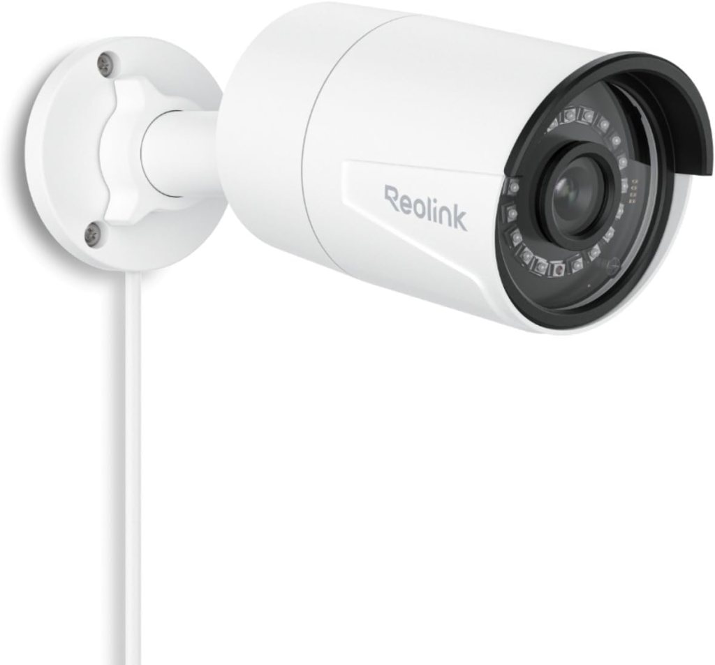 Reolink bullet security camera with a sleek white design and integrated infrared LEDs for night vision.