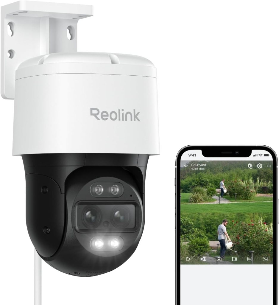 Reolink security camera mounted on a wall, with a smartphone displaying a live feed from the camera showing a person in a garden.