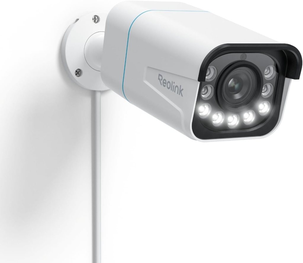 A Reolink security camera mounted on a wall, featuring an array of infrared LEDs for night vision and a sleek white design.