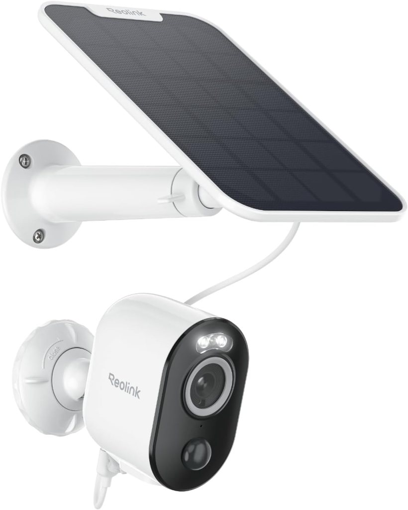 Reolink solar-powered security camera with integrated LED lights, designed for outdoor use.