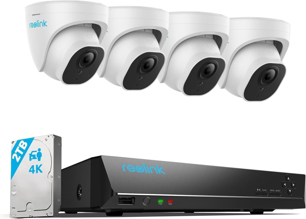 A Reolink security camera system featuring four 4K turrets and an NVR with a 2TB hard drive.