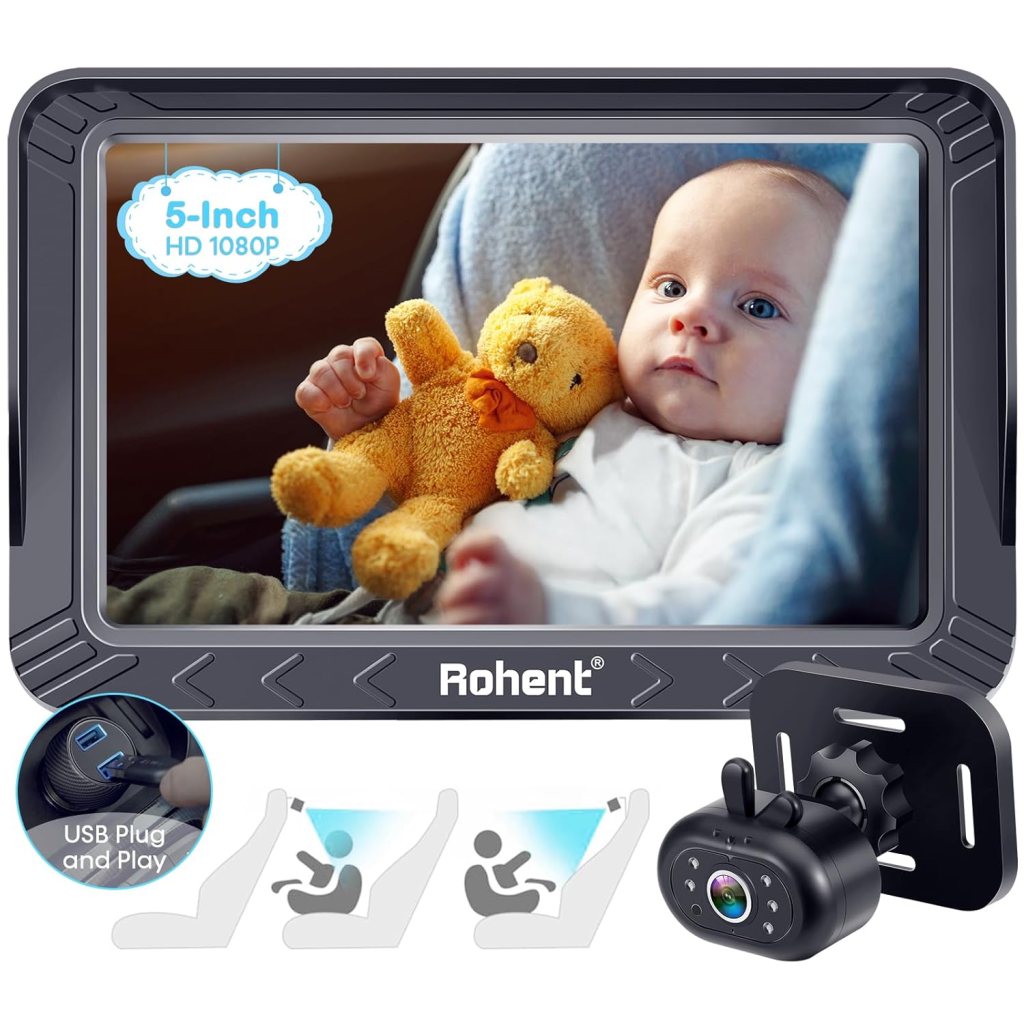 5-inch HD 1080P display showing a baby holding a teddy bear, highlighting the Rohent baby car camera system.