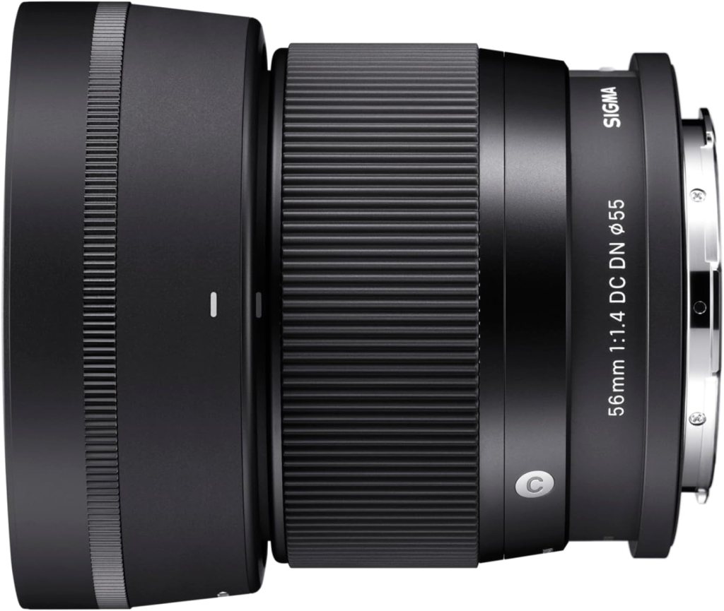 Sigma 56mm f/1.4 DC DN Contemporary lens with a sleek black design, featuring a ribbed focus barrel and lens markings.