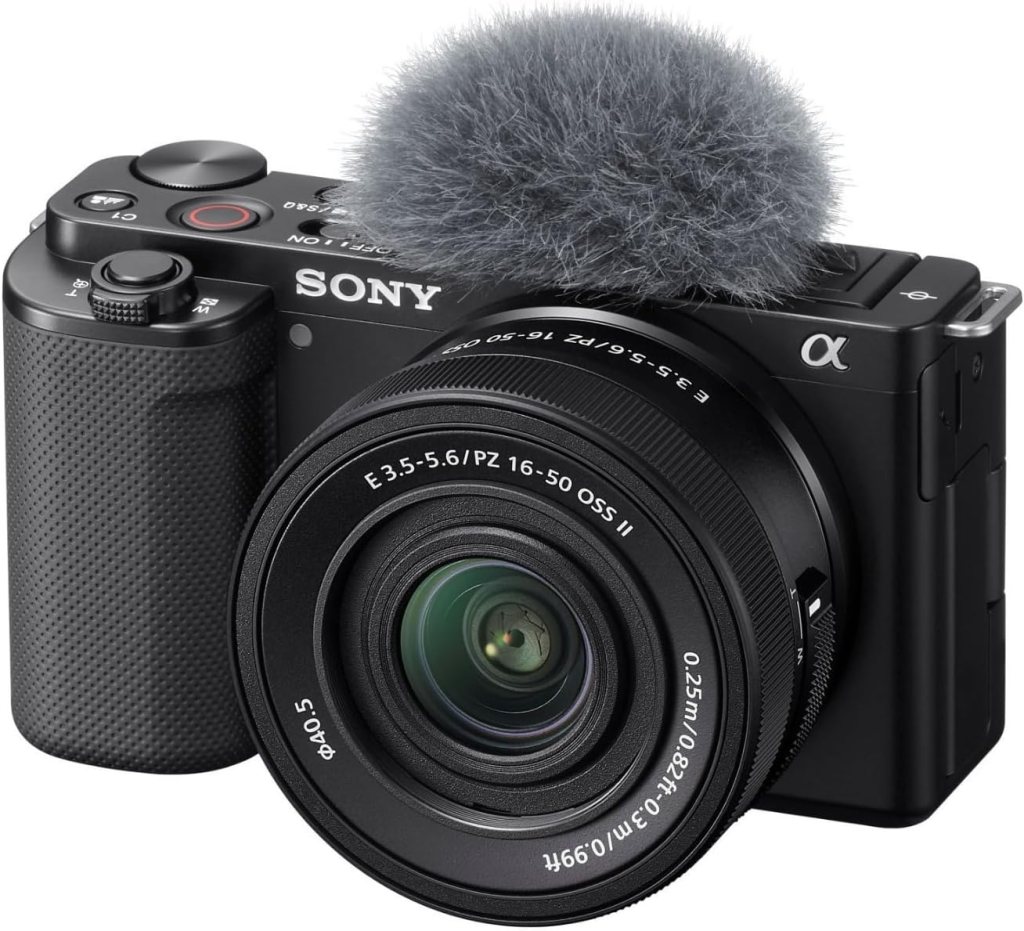 Sony ZV-E10 mirrorless camera with a microphone and lens attached, designed for vlogging and content creation.