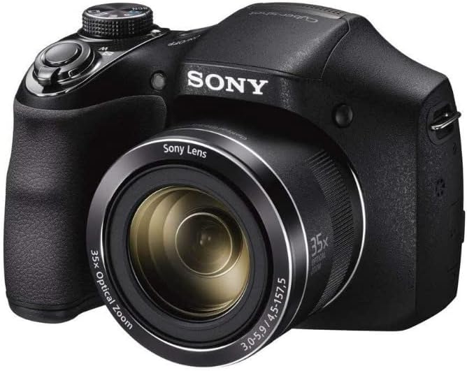 Sony camera with 35x optical zoom, featuring a sleek black design and ergonomic grip.