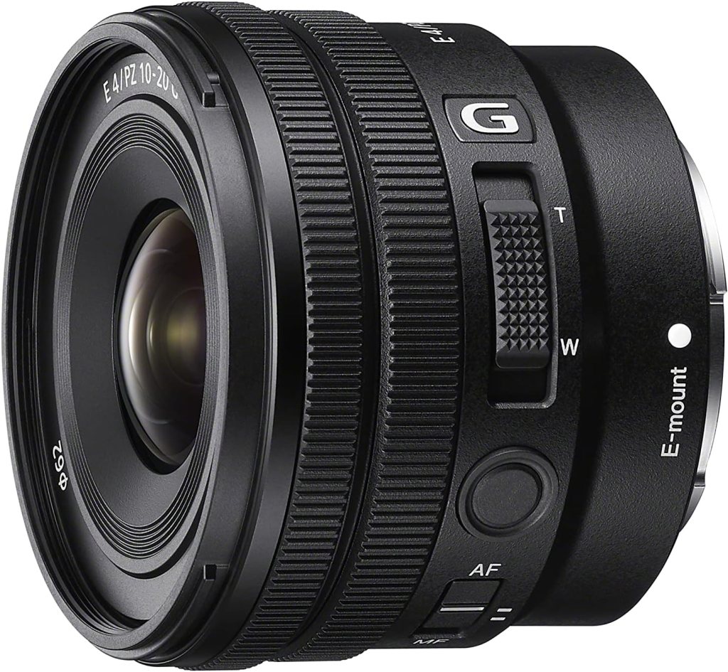 Sony E PZ 10-20mm f/4 G lens showcasing a black body with zoom control and various visual features.