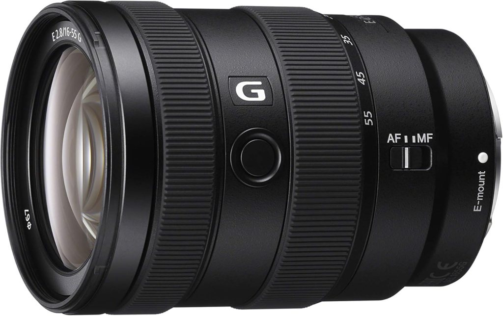 Sony E 16–55mm f/2.8 G lens with a sleek black design, featuring zoom and focus controls.