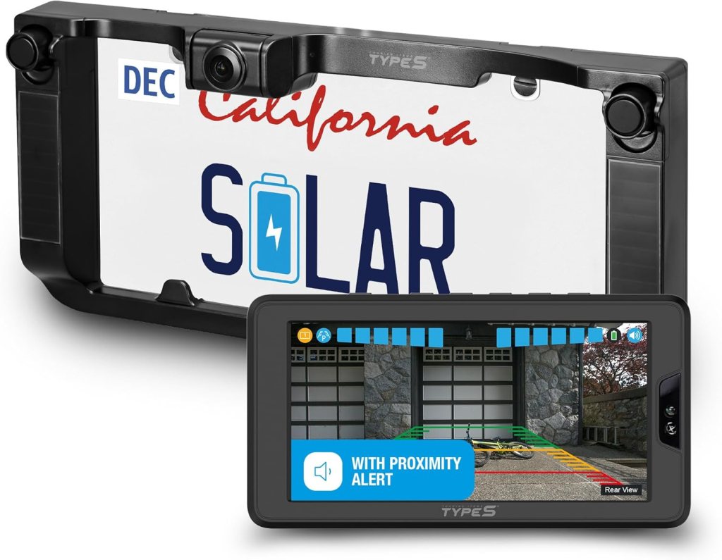 A solar-powered license plate frame camera with a wireless monitor, displaying a rear view and proximity alert feature.