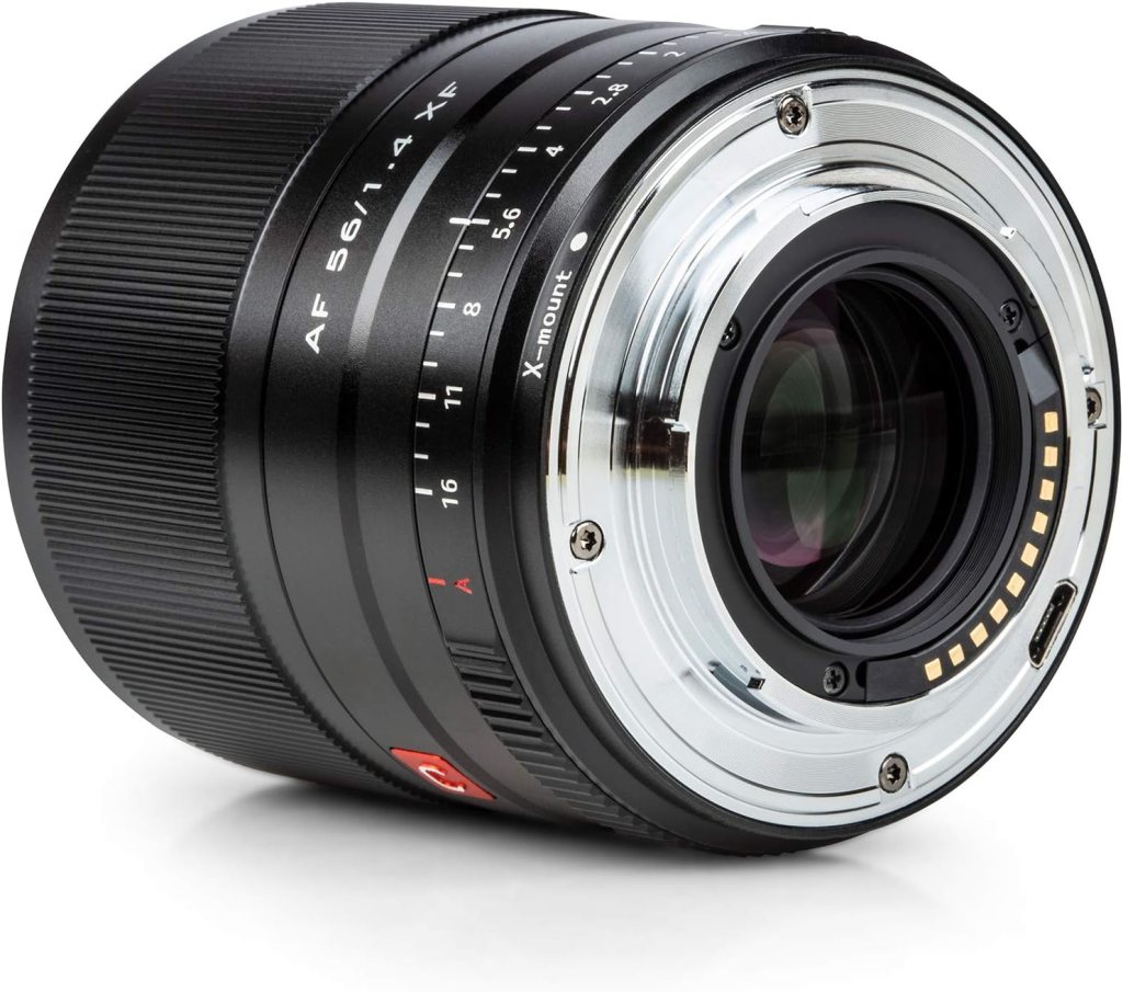 A close-up image of the Viltrox 56mm f/1.4 lens designed for Fujifilm X-mount, showcasing its sleek black exterior with focus and aperture markings visible.