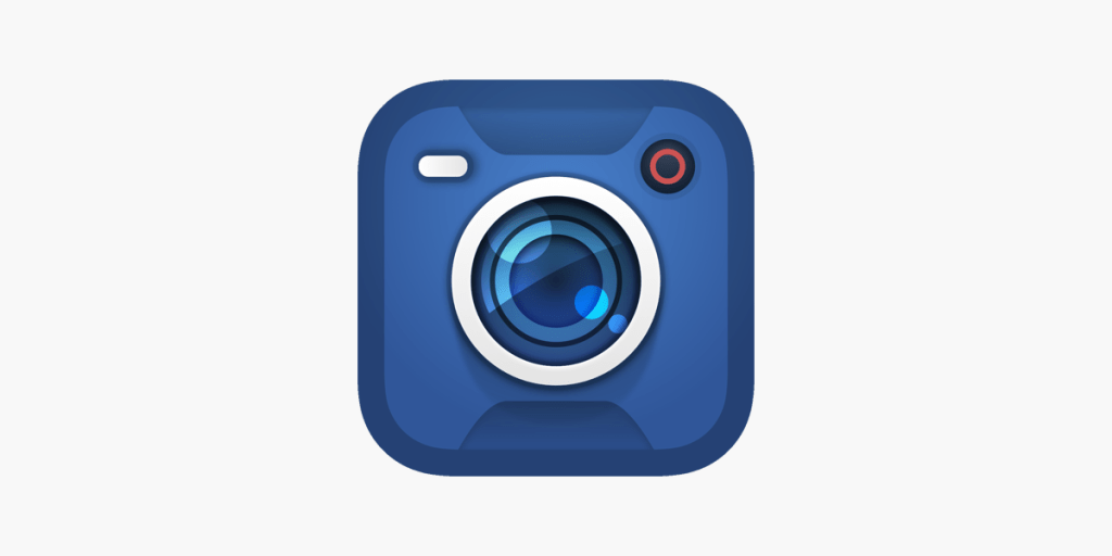 Icon of a camera app featuring a stylized camera lens and a blue background.