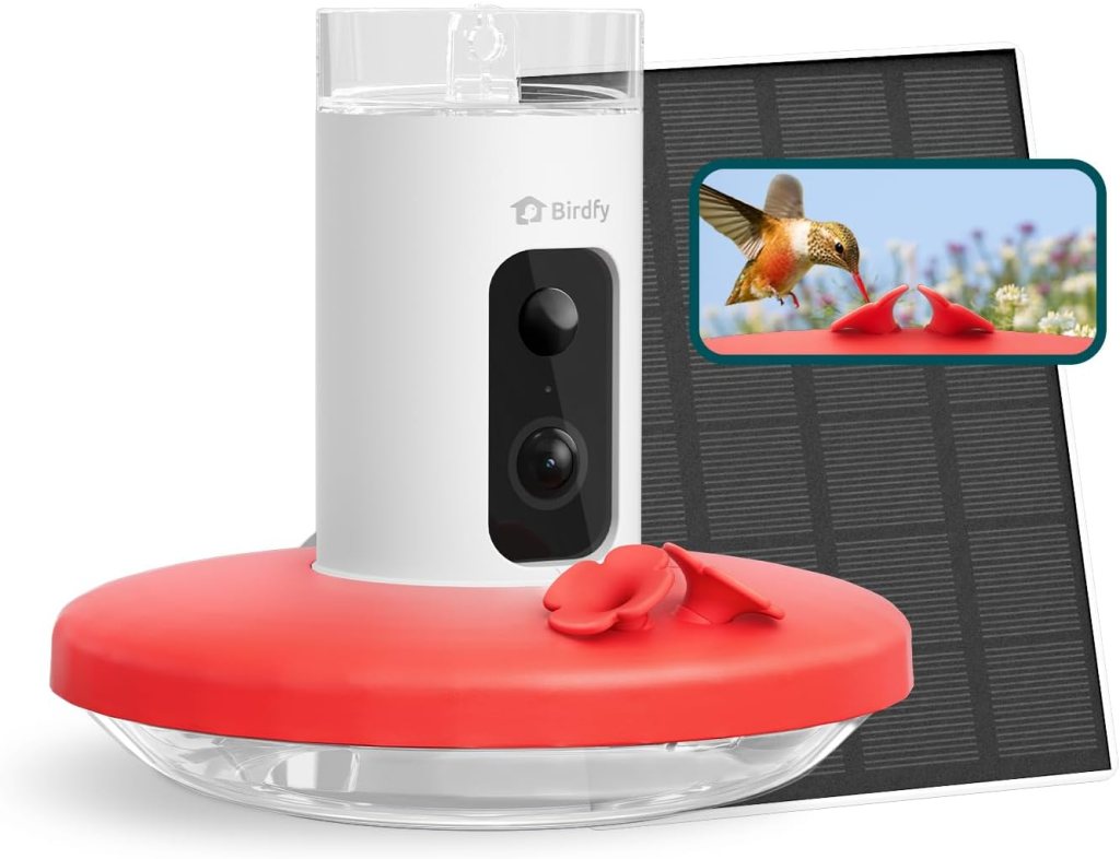 A modern smart hummingbird feeder with a built-in camera and solar panel, designed with flower-shaped feeding ports and a sleek red base, showcasing a clear container and protective features.