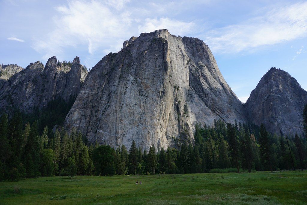 Scenic view of towering granite cliffs surrounded by lush green pine trees and a clear blue sky.