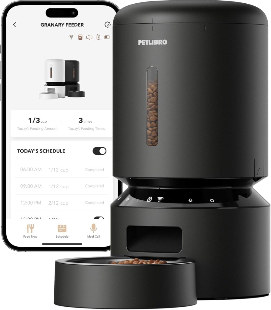 An automatic pet feeder from PETLIBRO featuring a sleek black design, a transparent section for monitoring food levels, and a smartphone app interface displaying feeding schedules and portion controls.