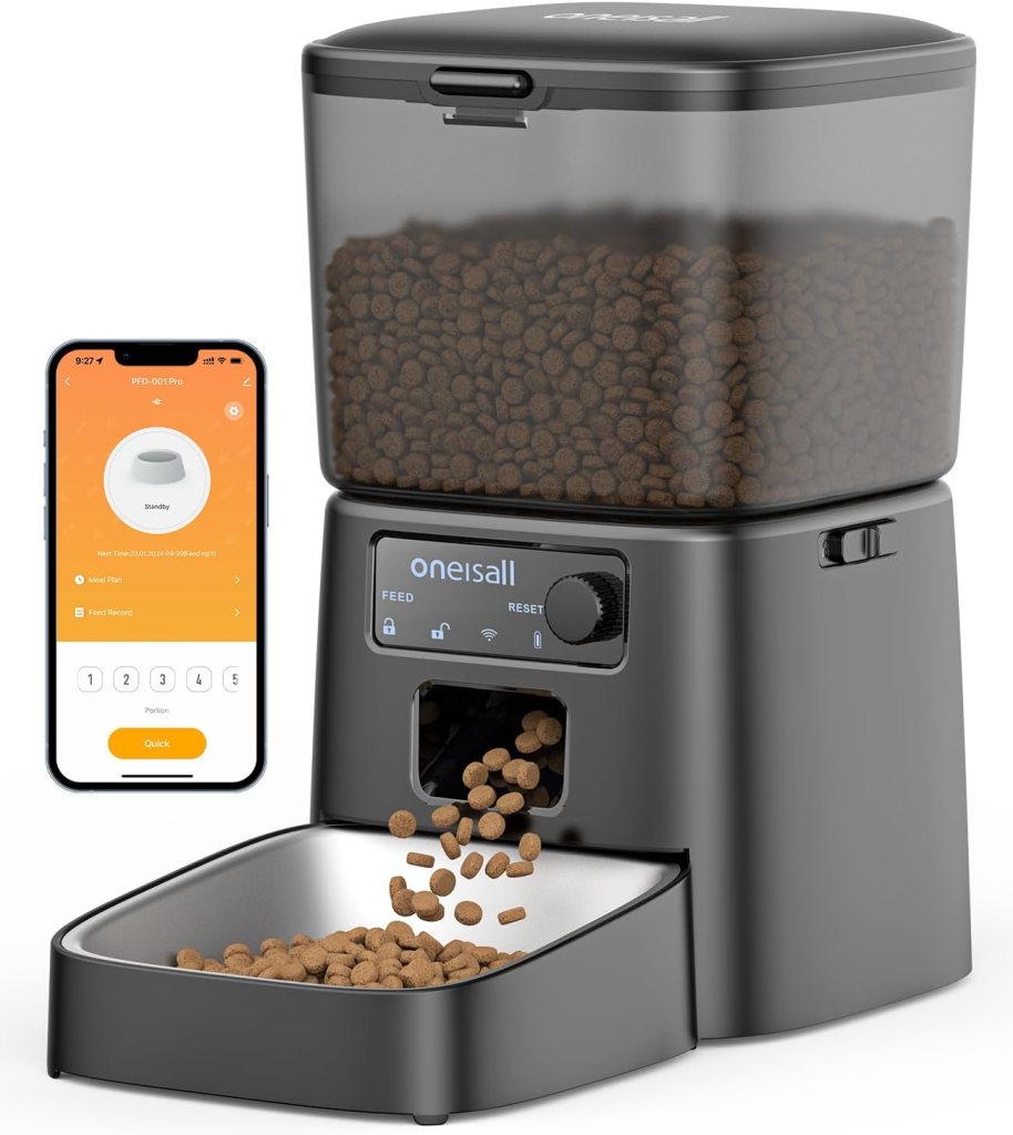 A modern automatic pet feeder with a transparent food container and a smartphone app interface, dispensing dry kibble into a stainless steel bowl.