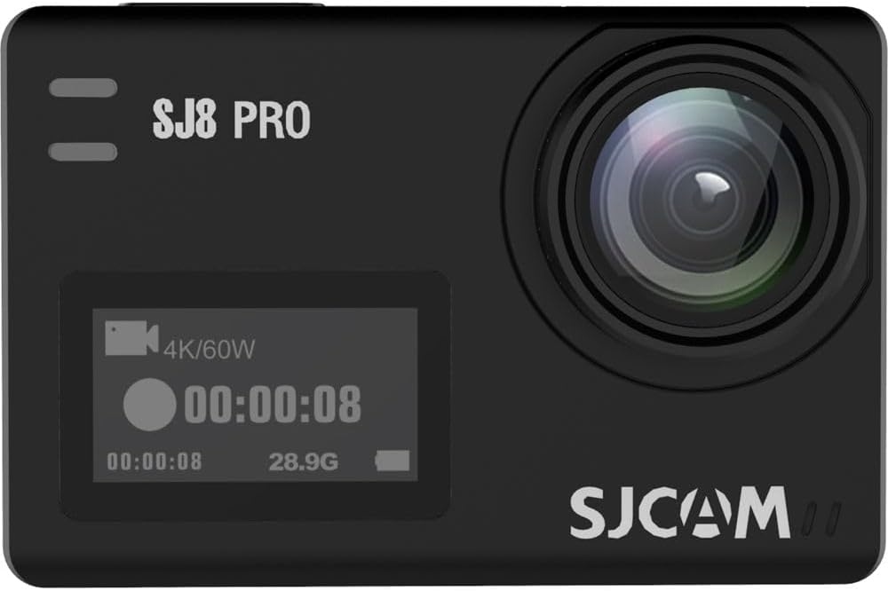 SJCAM SJ8 PRO action camera showing a lens and display with recording status.