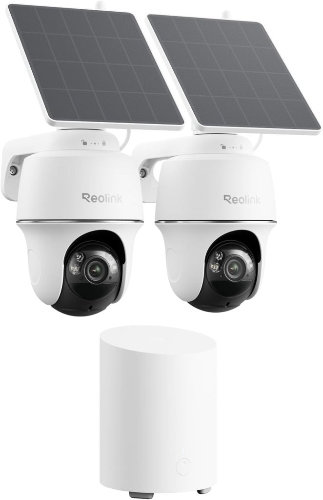 Two Reolink solar-powered security cameras with a white base station.