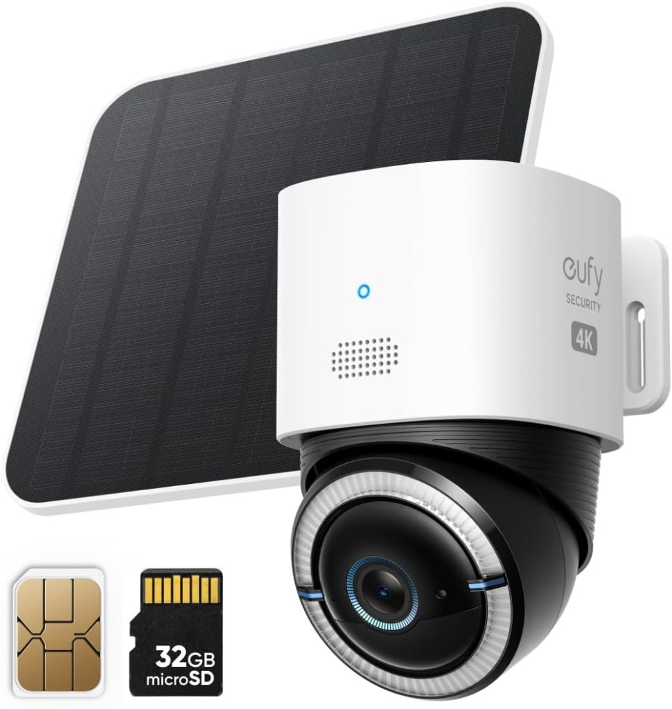 A 4K security camera from Eufy, featuring a sleek design with a white body and a black lens. Accompanied by a solar panel for power and a 32GB microSD card.
