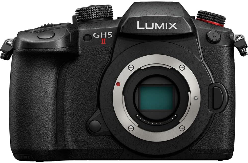 Front view of a Lumix GH5 II camera showcasing the body and lens mount.