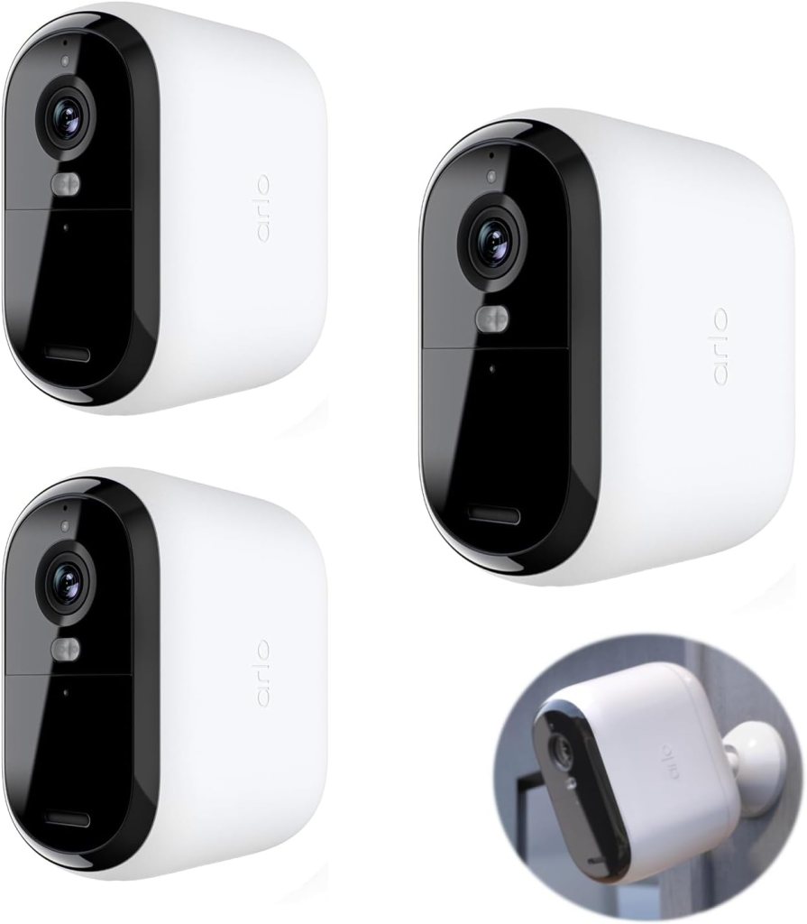 Three Arlo security cameras in black and white design, one attached to a wall.