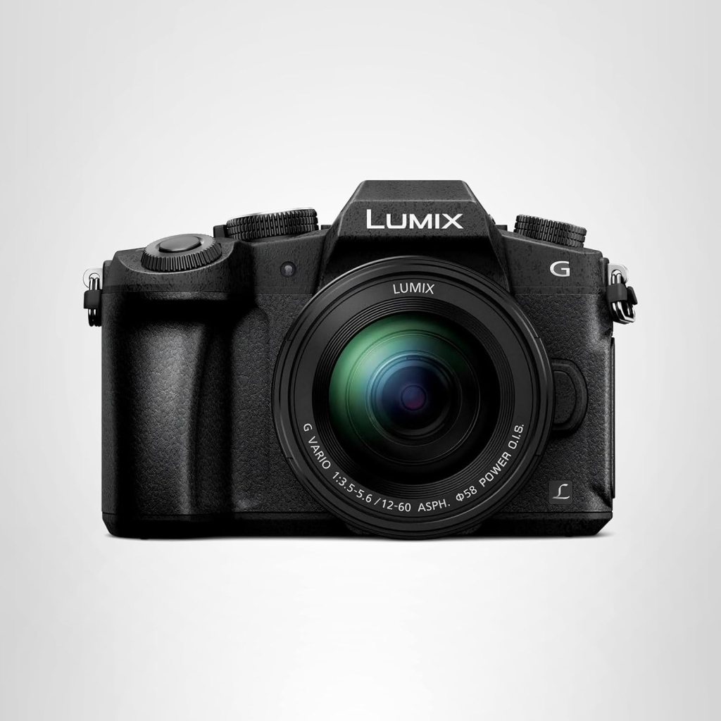 Front view of a Lumix G camera with a black body and lens, set against a light grey background.