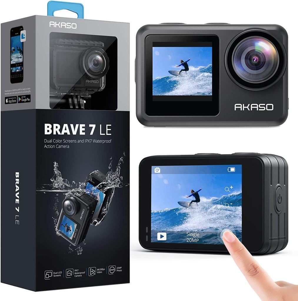 AKASO Brave 7 LE action camera in packaging, featuring dual colour screens and IPX7 waterproof capabilities, with a preview image of a surfer.