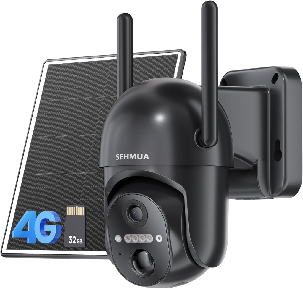 A black outdoor security camera with solar panel, featuring two antennas and a memory card slot, labelled 'SEHMUA', indicating 4G connectivity and 32GB storage.