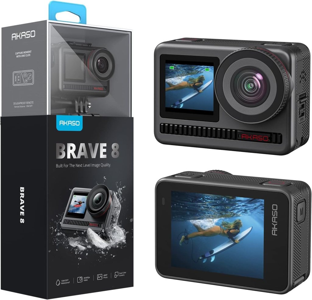 AKASO Brave 8 action camera packaging with camera displayed, featuring dual screens and waterproof specs.