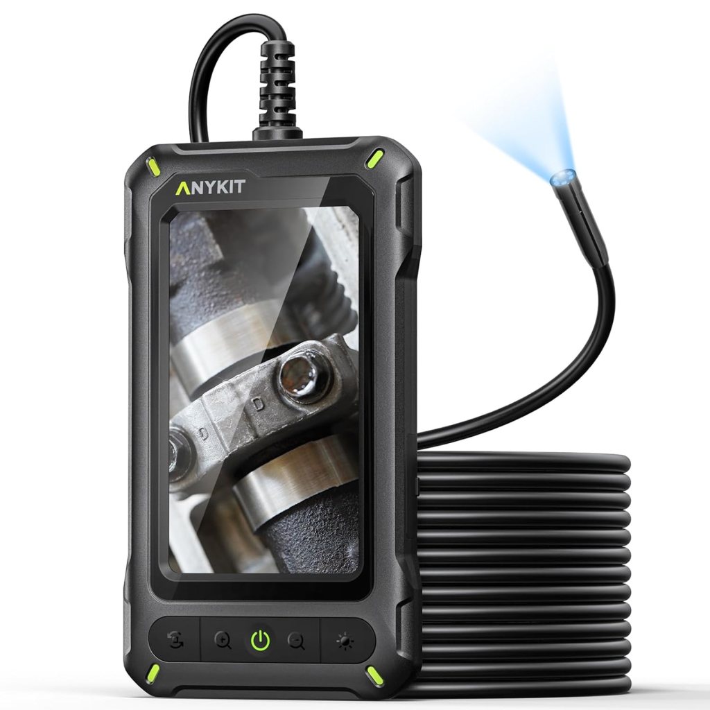 A robust inspection camera device with a flexible cable and a illuminated probe, displaying detailed internal machinery on its screen.