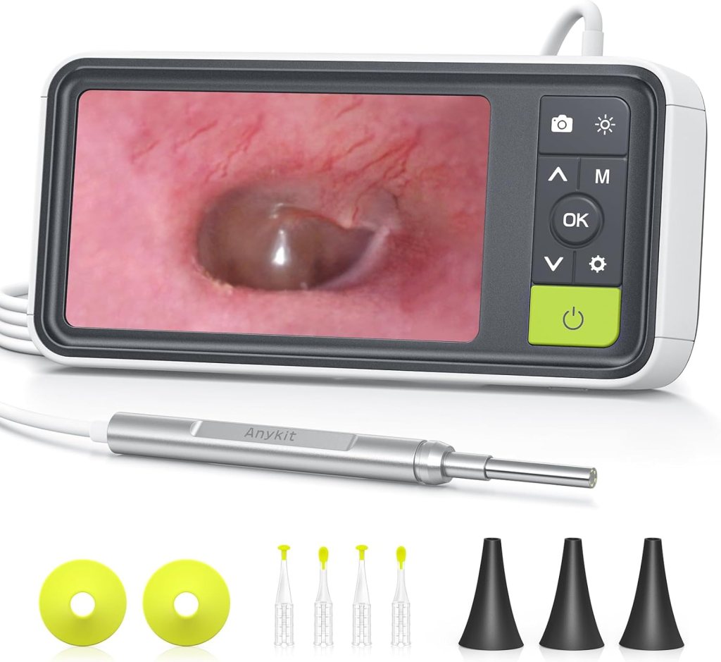 A digital endoscope with a monitor displaying a close-up image of an ear canal, accompanied by various interchangeable cleaning tips and accessories.