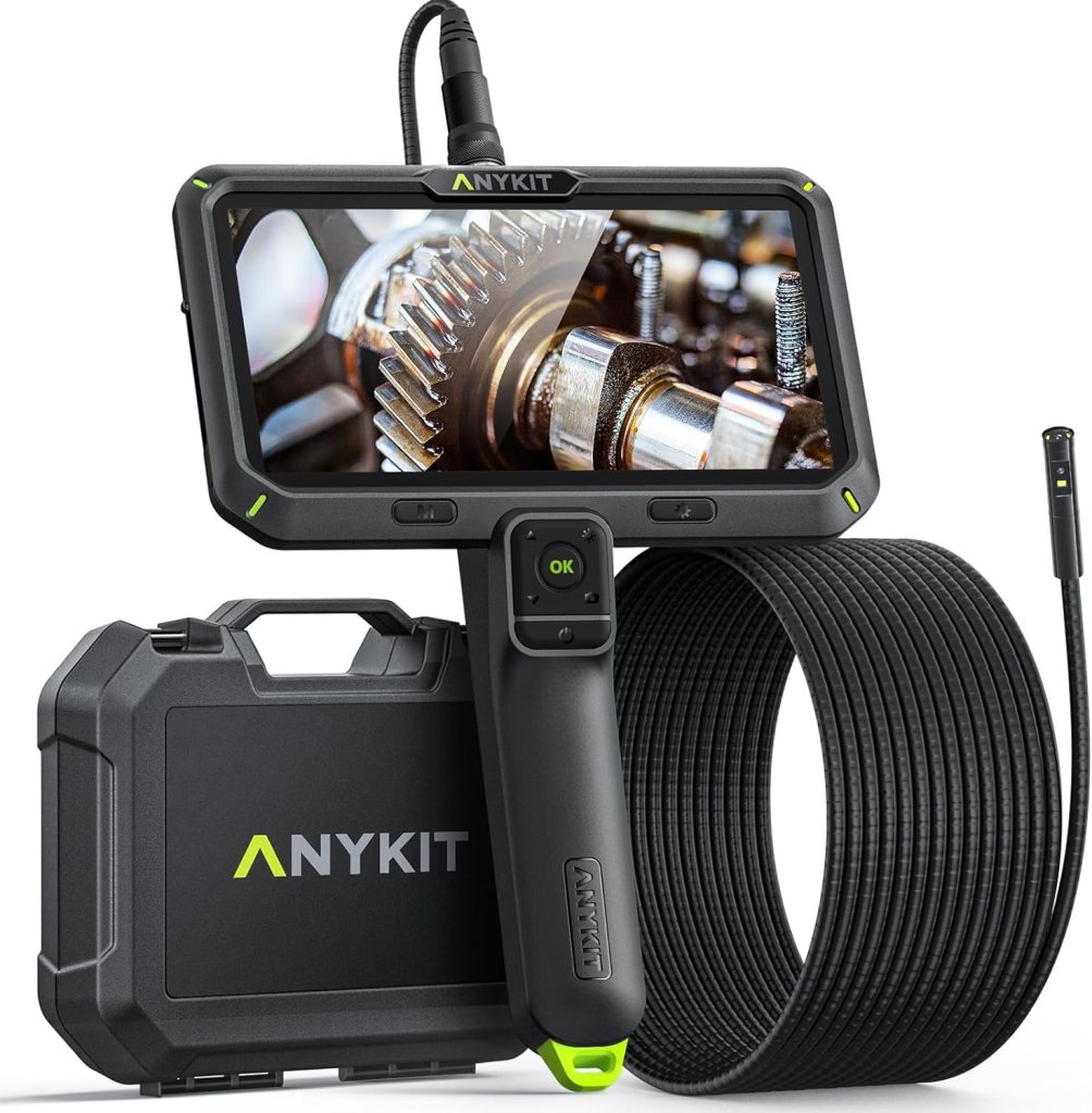 A close-up of an Anykit inspection camera system, featuring a large display showing detailed images of mechanical gears, accompanied by a flexible cable and rugged carrying case.