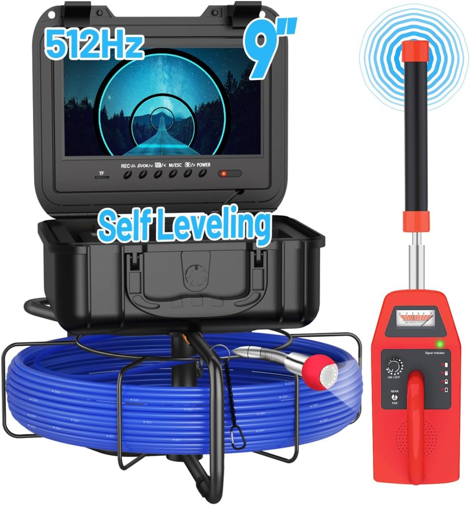 A 9-inch display monitor with a black casing set on top of a circular coil of blue cable, featuring a red handheld signal locator tool alongside. The monitor indicates self-leveling and operates at 512Hz.