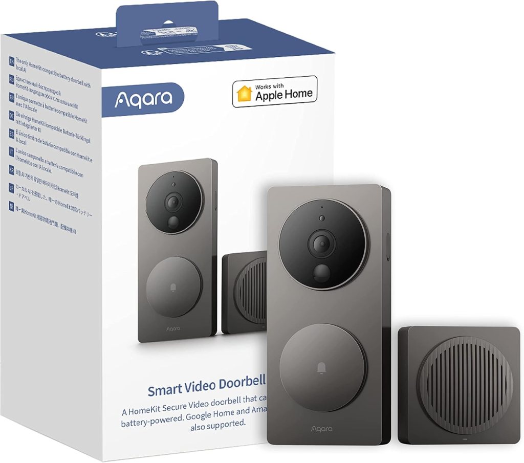 A smart video doorbell with a sleek design, featuring a camera and a circular button, accompanied by a separate chime unit, all packaged in a box that highlights compatibility with Apple Home, Google Home, and Amazon Alexa.