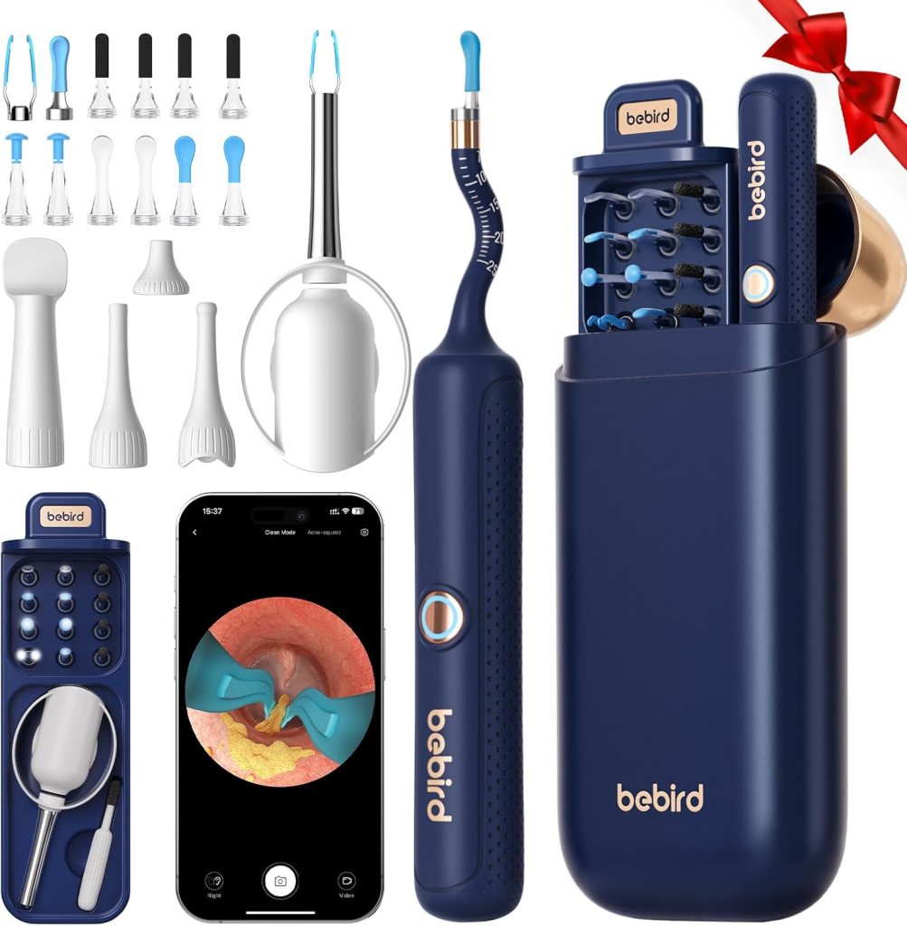A Bebird ear cleaning kit featuring a variety of interchangeable tips, a handle with a camera, and a smartphone displaying an image of an ear canal.
