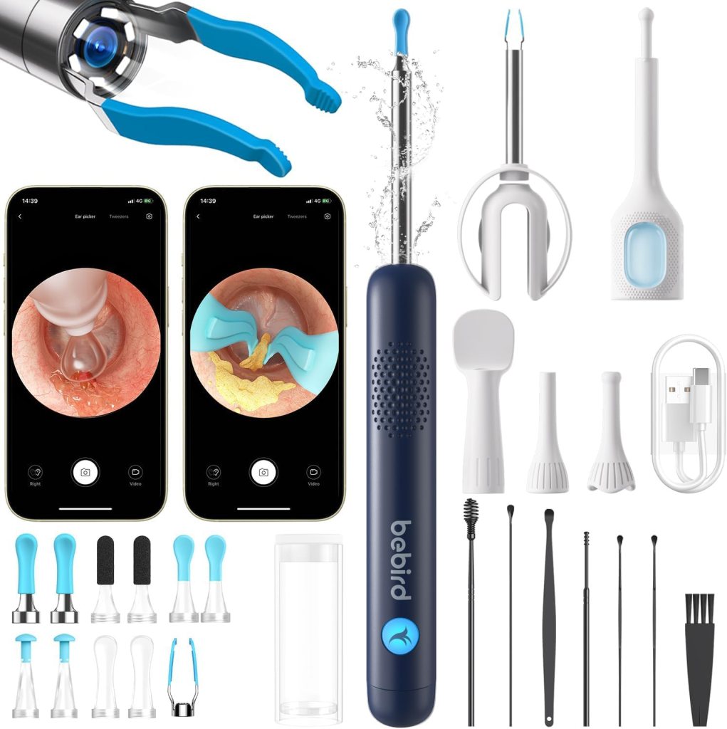 A set of ear cleaning tools including a camera-equipped ear picker, two smartphones displaying internal ear views, various attachments, and a charging cable.