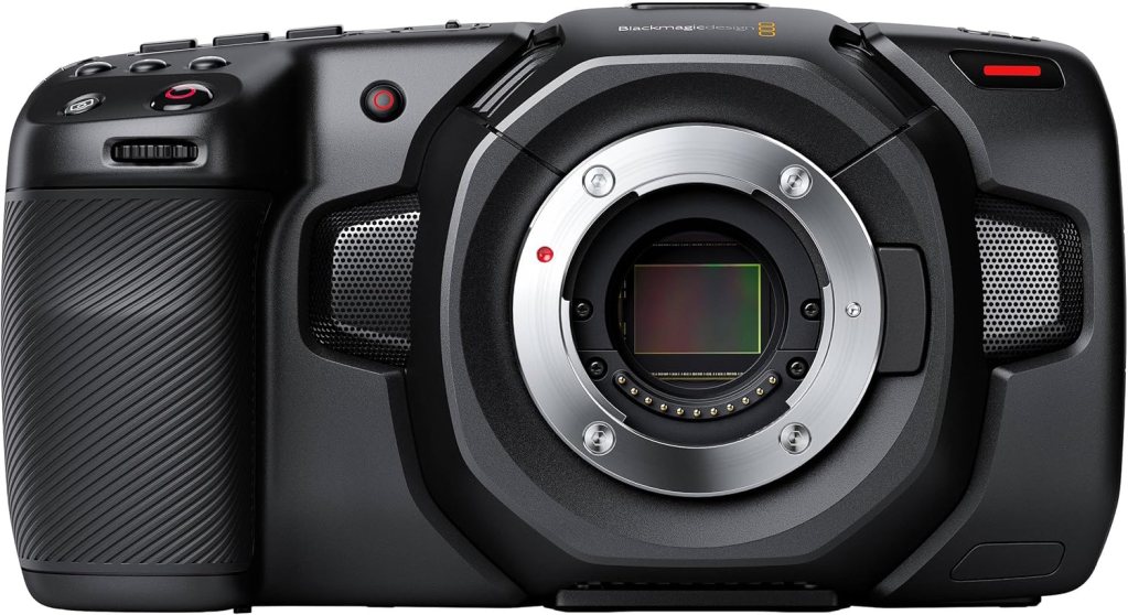Close-up view of a Blackmagic Design camera featuring a large lens mount, control buttons, and a sleek black body.