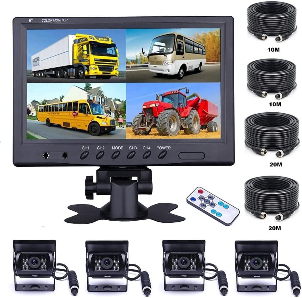 9-inch colour monitor displaying images of a truck, bus, school bus, and tractor, with a mounting stand and four camera units with cables, alongside various lengths of cable.