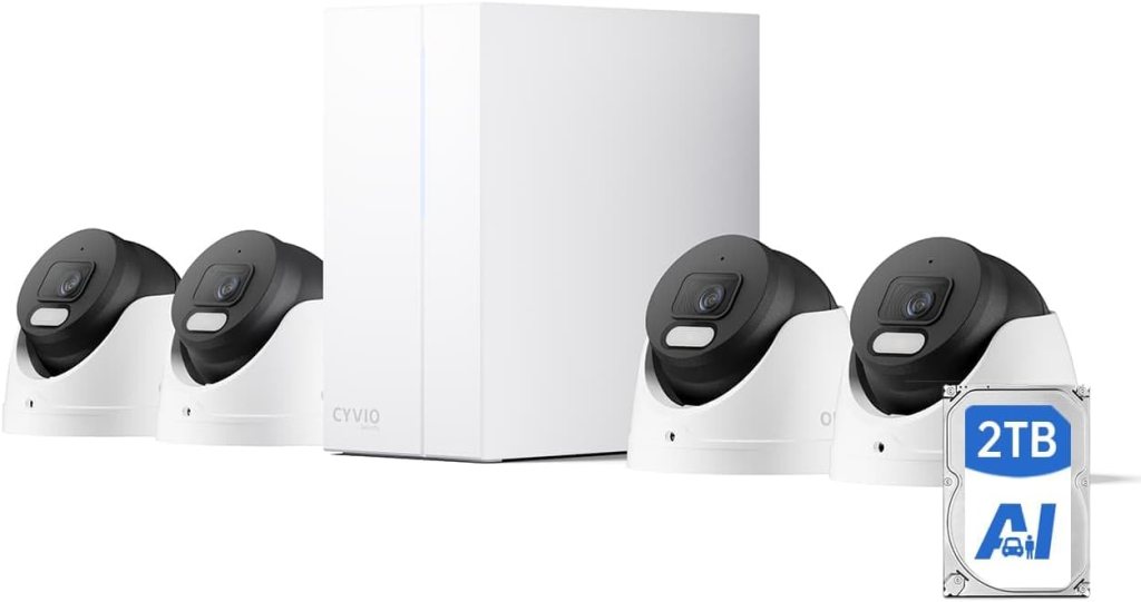 A security camera system featuring four surveillance cameras and a storage unit, labelled 'CYVIO', with a 2TB AI-capable hard drive.