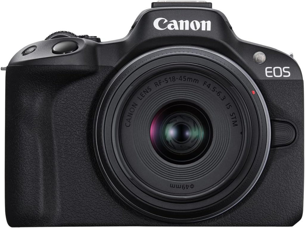 Front view of a Canon EOS camera with an RF 18-45mm lens.