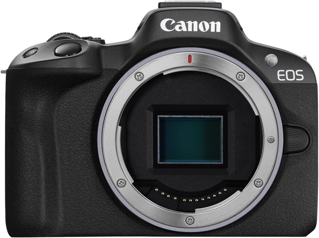 Front view of a Canon EOS camera body with a visible lens mount and sensor area.