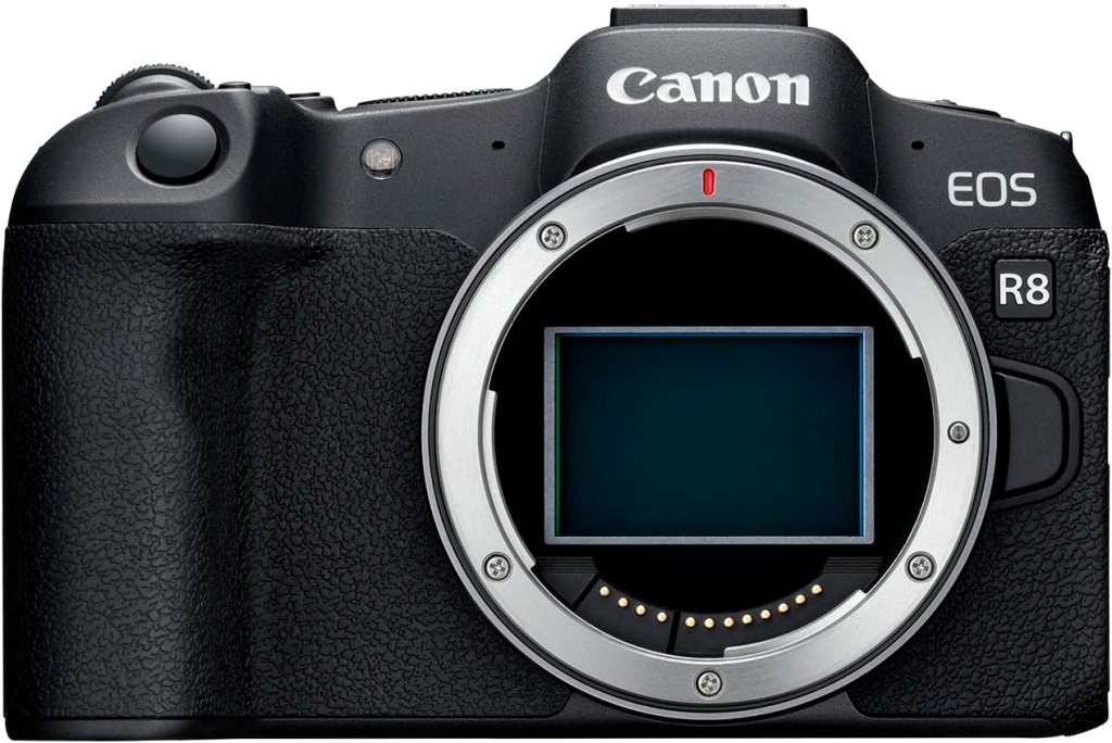 Front view of a Canon EOS R8 camera featuring a textured grip and an empty lens mount.