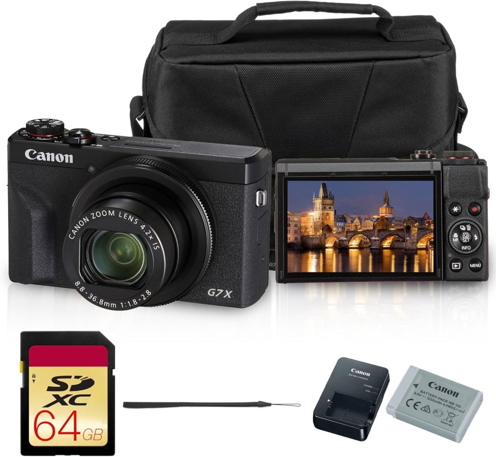 Canon G7 X camera with zoom lens, LCD screen displaying a cityscape, a 64GB SD card, battery charger, battery, and a cleaning tool, all set on a white background.