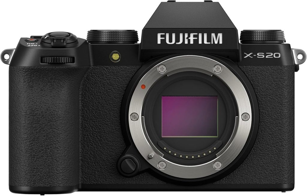 Front view of a Fujifilm X-S20 camera showing the lens mount and controls.