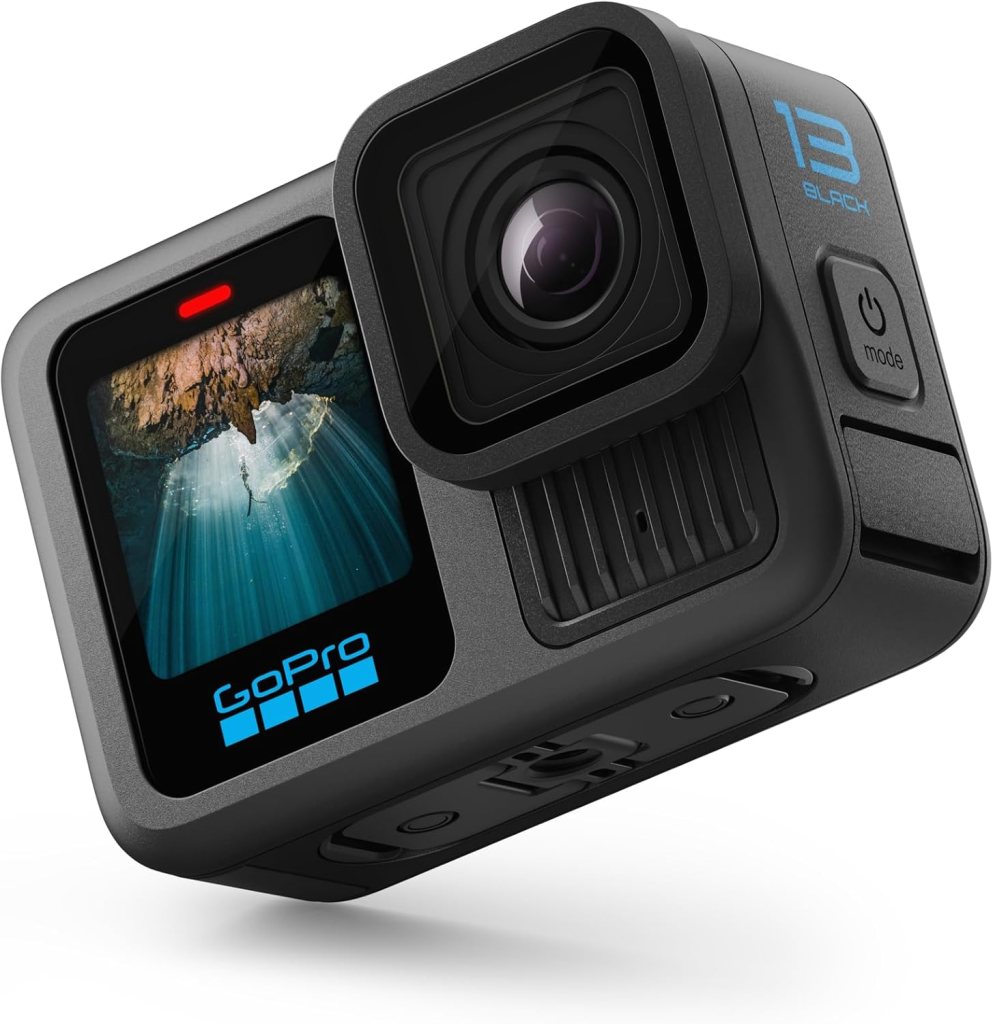 A GoPro Hero 13 Black action camera with a display showing an underwater scene, featuring a sleek design and various buttons.