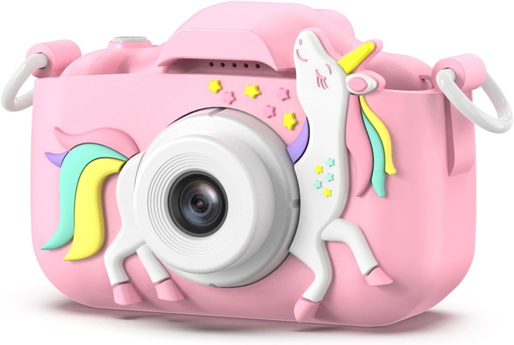 A playful pink children's camera designed with a unicorn theme, featuring a unicorn illustration and colourful accents.