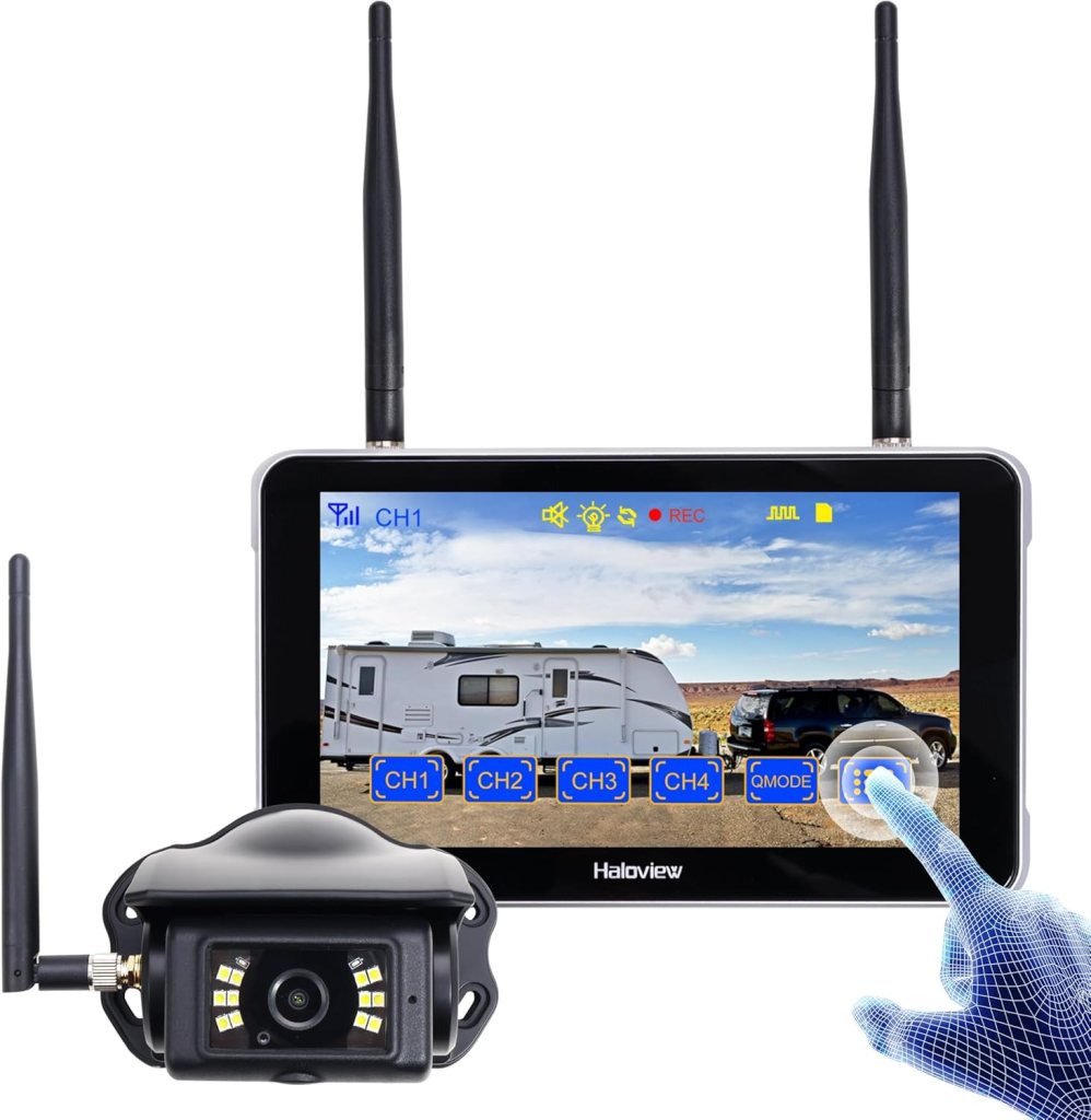 A wireless monitor and camera system for vehicles with a display showing images of an RV and a car, featuring touch controls and multiple channel options.