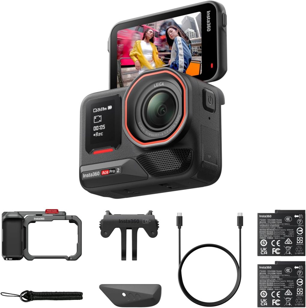 Insta360 Ace Pro 2 camera with a flip screen, displaying two women in urban attire, accompanied by accessories including a camera case, mounting bracket, USB cable, and two batteries.