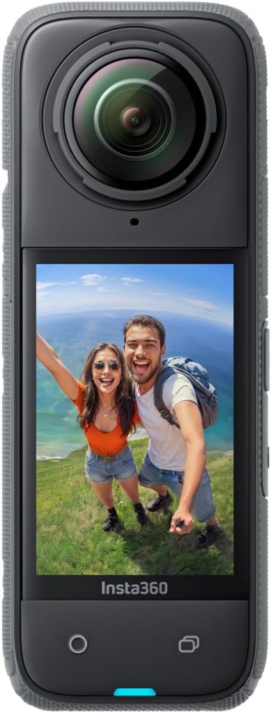 Image of an Insta360 camera displaying a photo of a young couple smiling and posing for a selfie in a scenic outdoor location.
