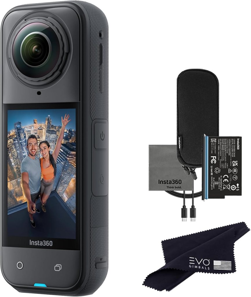 Insta360 camera with a display showing a selfie of two people, accompanied by a battery, charging cable, and a cleaning cloth.