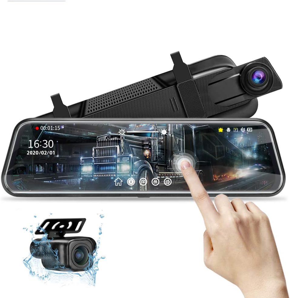 A rear-view mirror dash cam with a touchscreen display showing a truck on the screen, with time, date, and various camera controls. A hand is interacting with the touchscreen below.